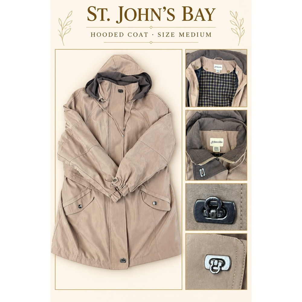 St. Johns Bay Mens Hooded Coat Tan Gray Turn Lock Plaid Lined Jacket Medium